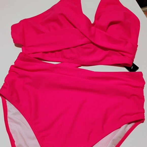 Talisea 2 PC High Waisted Hot Pink Swimsuit New - Picture 1 of 4